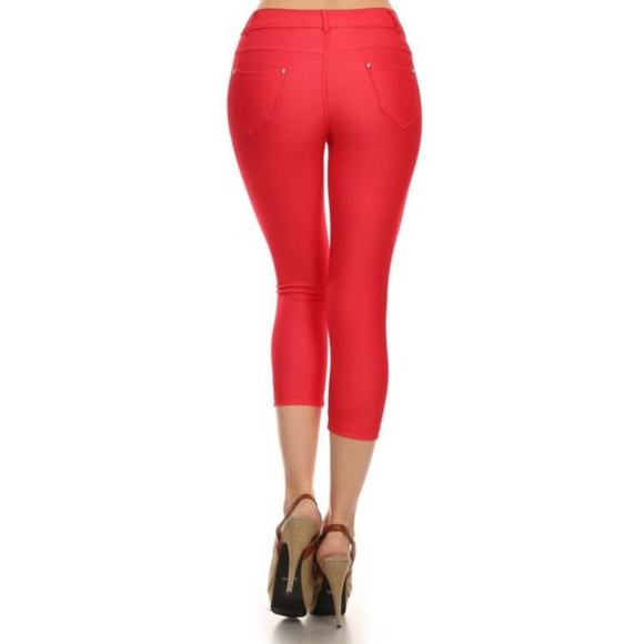 Women's Skinny Capri Jeggings Stretchy Solid Red - Picture 3 of 6